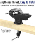 3 Inch Universal Swivel Base Table Vise With 360 Degree Rotation Portable Bench Clamp on table demonstrating lengthened throat.