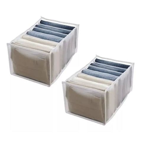 Wardrobe Upgrade Alert Killer 7 Grid Pants Organizer Box For Closet Drawer Sorter with seven neatly stacked pants.