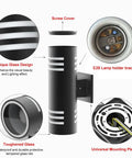 Prime Pick Modern Up Down Outdoor Wall Lights close-up with E26 lamp holder, toughened glass, and screw cover details.