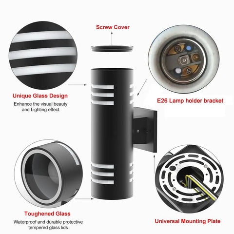 Prime Pick Modern Up Down Outdoor Wall Lights close-up with E26 lamp holder, toughened glass, and screw cover details.