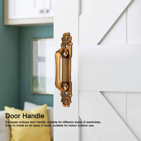 Two Pack Antique Door Pull Handle For Cabinets And Wardrobes European Style Zinc Alloy Vintage Drawer Pull For Closets Cupboards And Sliding Doors Metal Hardware installed on a white door