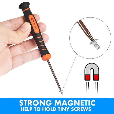 Slick Ten Piece Magnetic Torx Screwdriver Set With T2 Through T15 Security Drivers And Hollow Tips, showing a magnetic driver holding a tiny screw.