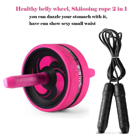 Pink Ab Wheel Roller Set With Cushioned Knee Pad And Cardio Jump Rope For Hardcore Core Training, featuring a pink ab roller and jump rope.