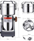 Electric Grain Grinder With Stainless Steel Body, Safety Upgraded, High Speed Spice Mill, 800G Capacity, dimensions display