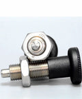 Heavy Duty Spring Return Index Plunger With Precision Ball Lock And Screw Mount Base shown from above with rubber grip and steel components.