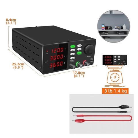 Beefy Usb Programmable Dc Lab Power Supply With Adjustable Voltage And Current 0 To 60 Volts 0 To 10 Amps 120V Input Low Ripple For Phone PCB Repair Charging Batteries Find Adjust SPPS S3010 Black, showing dimensions and weight with cables.