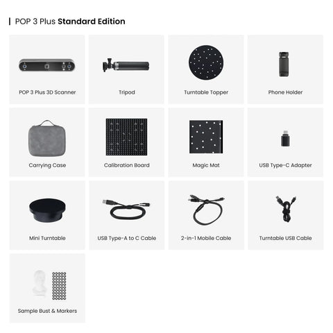 POP 3 Plus Standard Edition accessories including tripod, carrying case, calibration board, and turntable for scanning.