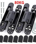 Beefy Heavy Duty Concealed Door Hinges With 180 Degree Full Sweep Adjustment And Seamless Hideaway Mounting For Solid Core Wood Doors Black Pair Built Tough showing two hinges, screws, and mounting plates.