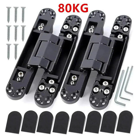 Beefy Heavy Duty Concealed Door Hinges With 180 Degree Full Sweep Adjustment And Seamless Hideaway Mounting For Solid Core Wood Doors Black Pair Built Tough showing two hinges, screws, and mounting plates.