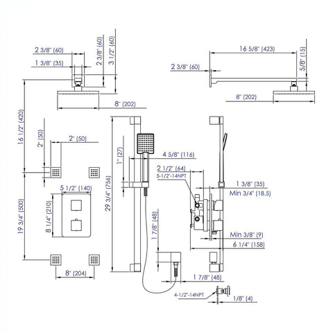 HomeStock Modern Square Solid Brass Shower System with Wall Mount Installation and Brushed Nickel Finish dimensions schematic drawing.