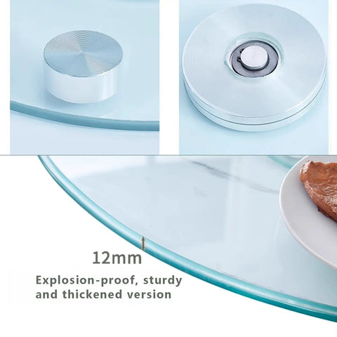 Heavy Duty Tempered Glass Lazy Susan Turntable 32 Inch Round Rotating Tray showing sturdy base and thickened glass edge for durability.