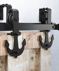Front view of Black Rustic Double Track U Shape Bypass Sliding Barn Door Hardware Kit For Two Doors with 8 Foot Flat Track