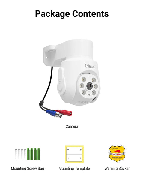 Hardcore 4K Pan Tilt Wired Security Camera Add On Compatible With Outdoor Indoor Cctv Dvr Home Surveillance Setups Boasting Zero Hassle Installation And Knockout Ultra Hd Infrared Night Vision with mounting screws, template, and warning sticker.