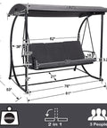 Modern Outdoor Patio Swing With Adjustable Canopy, 2 In 1 Porch Swing Bed With Removable Cushion, Outdoor Swing Bench With Stand, Three-Person Yard Swing, Easy Assembly, Gray