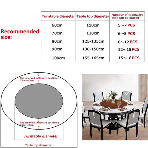 Chart showing turntable dimensions for Heavy Duty Hardwood Lazy Susan Turntable Featuring Slick Spin Mechanics Zero Sweat Setup.