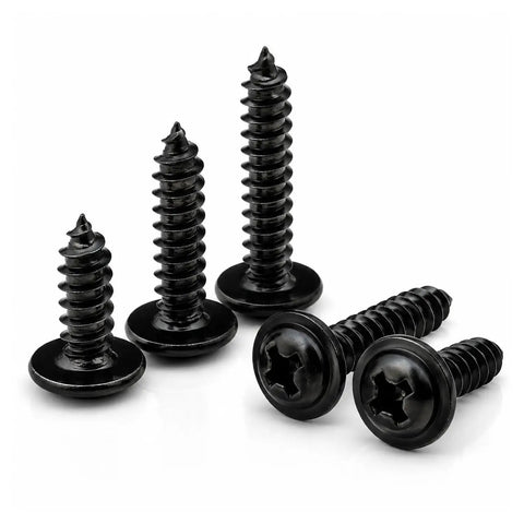 Fifty Piece Black Oxide Phillips Wafer Head Self Tapping Screws For Plastics And Electronics, various sizes and shapes displayed.