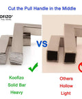 Comparison image of Heavy Duty Three Inch Matte Black Cabinet Pulls Square Bar Drawer Handles Solid Metal showing solid vs. hollow construction.