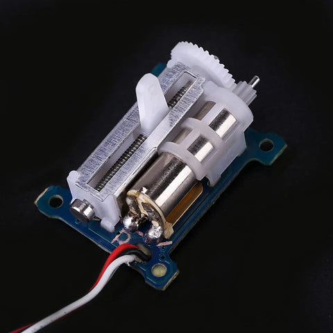 Premium Grade Micro Analog Servo For Ultralight RC Airplanes, Hella Snappy Linear Actuator showing motor and gears on black background.