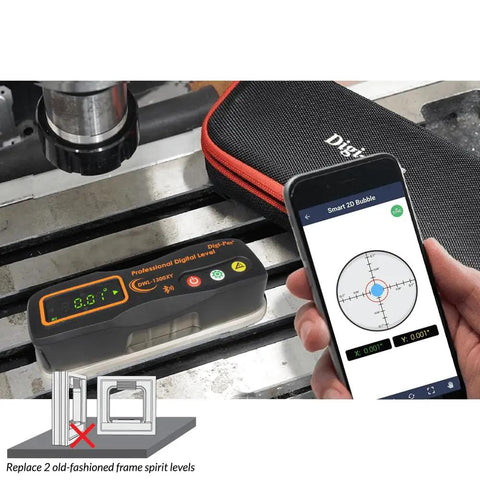 Hardcore Pro Dual Axis Digital Precision Level With Bluetooth Data Sync Nist Certified Accuracy And Knockout Steel Build For Serious Crews And Weekend Warriors displayed on a workbench showing digital readout.