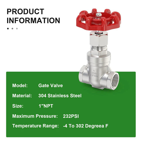 1 Inch NPT Female Gate Valve With Wheel Handle For Water Oil Gas, 304 Stainless Steel Rotary Sluice Valve, shown with specs on green label