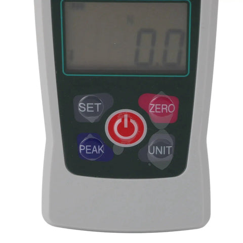 Close-up of Dead Accurate Digital Force Gauge Compact Handheld Push Pull Tester showing control buttons and display.