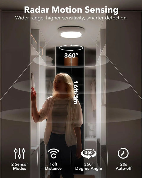 Installed Rechargeable Motion Sensor Ceiling Light with remote in closet, highlighting distance and angle coverage