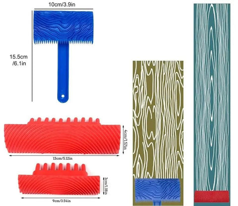Wood Grain Tool Kit With Soft Rubber Roller For Realistic Wood Finish DIY Wall Decor Pro Grade Three Piece Set Textured Painting Tool For Home Projects And Room Makeovers, showing three red and blue tools with wood patterns and measurements.