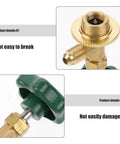 Heavy Duty Car Ac Refrigerant Tank Adapter For Freon Refill Charging Valve Kit, close-up of brass connector with green handle.