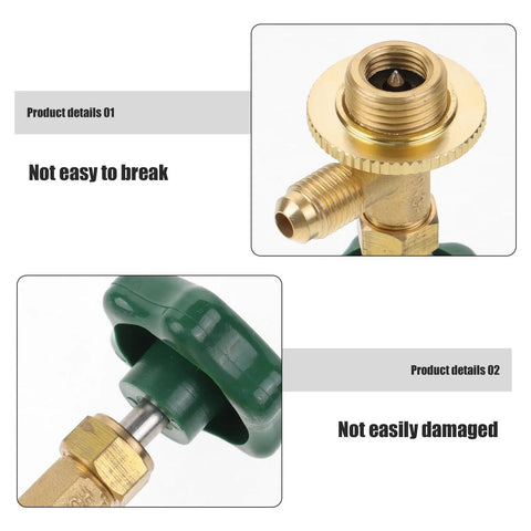 Heavy Duty Car Ac Refrigerant Tank Adapter For Freon Refill Charging Valve Kit, close-up of brass connector with green handle.