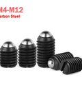 Rock Solid Spring Ball Plungers And Flat Head Screws Built Tough With Rust Resistant Stainless Steel That Takes Heavy Loading Daily And Never Lets You Down Includes M4 To M12 Sizes In A Job Site Ready Thirty Piece Kit - Stainless steel and carbon steel plungers with black finish.