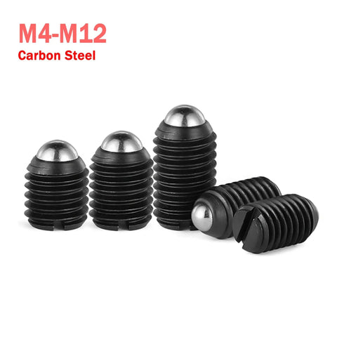 Rock Solid Spring Ball Plungers And Flat Head Screws Built Tough With Rust Resistant Stainless Steel That Takes Heavy Loading Daily And Never Lets You Down Includes M4 To M12 Sizes In A Job Site Ready Thirty Piece Kit - Stainless steel and carbon steel plungers with black finish.