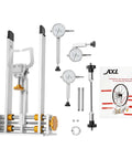 Pro Grade Wheel Truing Stand For 10-29 Inch Wheels With 2.36 To 7.68 Inch Adjustable Width And 3 Precision Gauges for alignment.