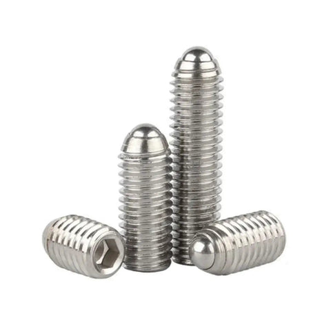 Heavy Duty Spring Ball Plunger Set Built Like A Badass Hex Socket Grub Screws In Durable Carbon And Stainless Steel Metric Sizes Five Pack, showing shiny stainless steel plungers.