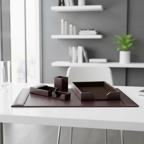 Bonded Leather Desk Set With Luxury Leather Desk Pad And Five Piece Organization Accessories In Dark Brown For A Boss Level Office Vibe