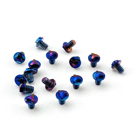 Twelve Piece Blue And Purple Titanium Triangle Screw Kit For Microtech Utx 85 And Ultratech Otf Knife Rigs displayed on a white background.