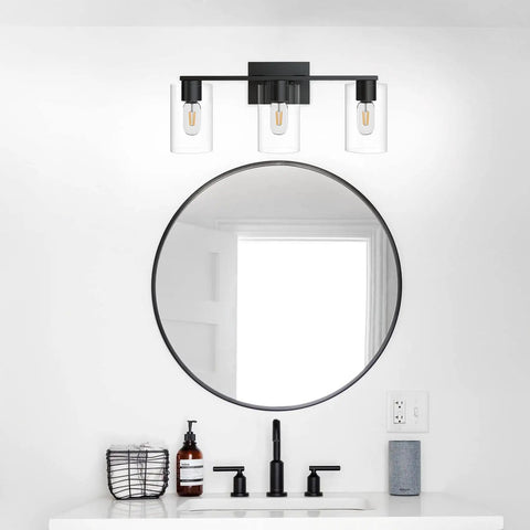 Four Light Matte Black Bathroom Vanity Light With Glass Shades Over Mirror Wall Sconces for Farmhouse Style Dope Modern Home Lighting