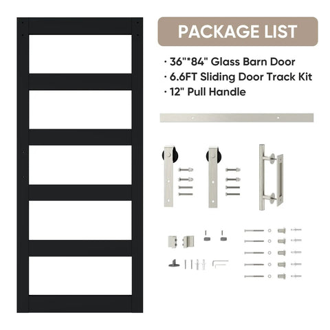 Built Like A Tank 36 By 84 Inch Glass Barn Door With Frosted Tempered Panes showing track kit and pull handle for installation.