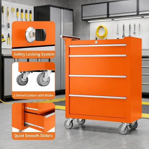 Heavy Duty Steel Rolling Tool Chest Bad Boy With Lockable Caster Wheels And Slick Ball Bearing Drawers Hella Tough Portable Storage Cabinet For Garage Workshop In Bright Orange featuring safety lock, smooth sliding drawers, and swivel casters.