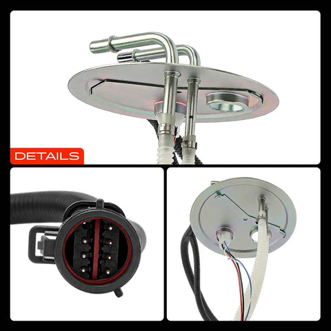 Top Shelf Electric Fuel Pump Module Assembly For Ford Excursion 2000 To 2005 With V10 6.8L And V8 5.4L Engine California Only Specs showing dual fuel lines and connector.