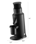 Dope Single Dose Electric Coffee Grinder Featuring 64Mm Titanium Flat Burrs And Stepless Adjustment To Nail Your Flavor Packed Espresso Routine In Sleek Black Finish, side view with measurements.