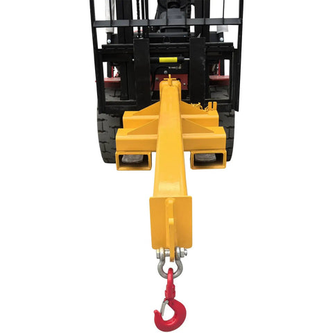 Heavy Duty Bidirectional Telescoping Forklift Jib Boom 5 Ton Crane Attachment showing hook and base at rear view.
