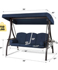 Three Seat Outdoor Porch Swing With Upgraded One And A Half Inch Cup Holder Comfy Adjustable Canopy And Backrest Cushions Weatherproof Steel Frame For Garden Deck Or Poolside Blue, dimensions illustration