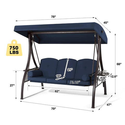 Three Seat Outdoor Porch Swing With Upgraded One And A Half Inch Cup Holder Comfy Adjustable Canopy And Backrest Cushions Weatherproof Steel Frame For Garden Deck Or Poolside Blue, dimensions illustration