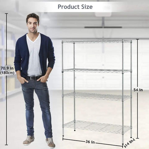 Adjustable Heavy Duty Wire Shelving Rack Four Tier Metal Storage Unit Totally Tool Free Setup Built Tough For Garage And Closet Holds Two Hundred Fifty Pounds Per Shelf Chrome Finish with size details.
