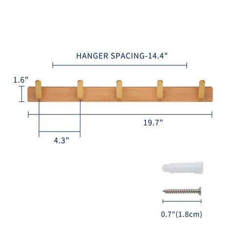 Badass Strength Solid Brass Wall Mount Coat Hook Heavy Duty Rack for Entryway with wood base and measurements displayed.