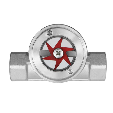 Front view of half inch NPT female flow indicator with window sight glass and impeller for water pipes, 304 stainless steel.