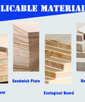 Double Station Pneumatic Hinge Boring Machine for Woodworking 48-6 displaying applicable materials like particleboard and raw wood.