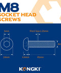 Built Tough As Nails M8 Button Head Socket Screws 45Mm X 1.25 Pitch 10.9 Alloy Steel Black Oxide side view illustration