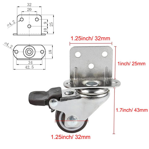 Smooth Operator 1.25 Inch Swivel Caster Wheels With Brake L Bracket Side Mount TPR Rubber, detailed size illustration.
