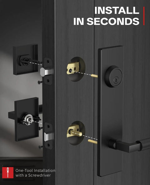 Heavy Duty Matte Black Knurled Front Door Handle Set With Deadbolt Rock Solid Premium Entry Door Lockset showing installation process and parts.